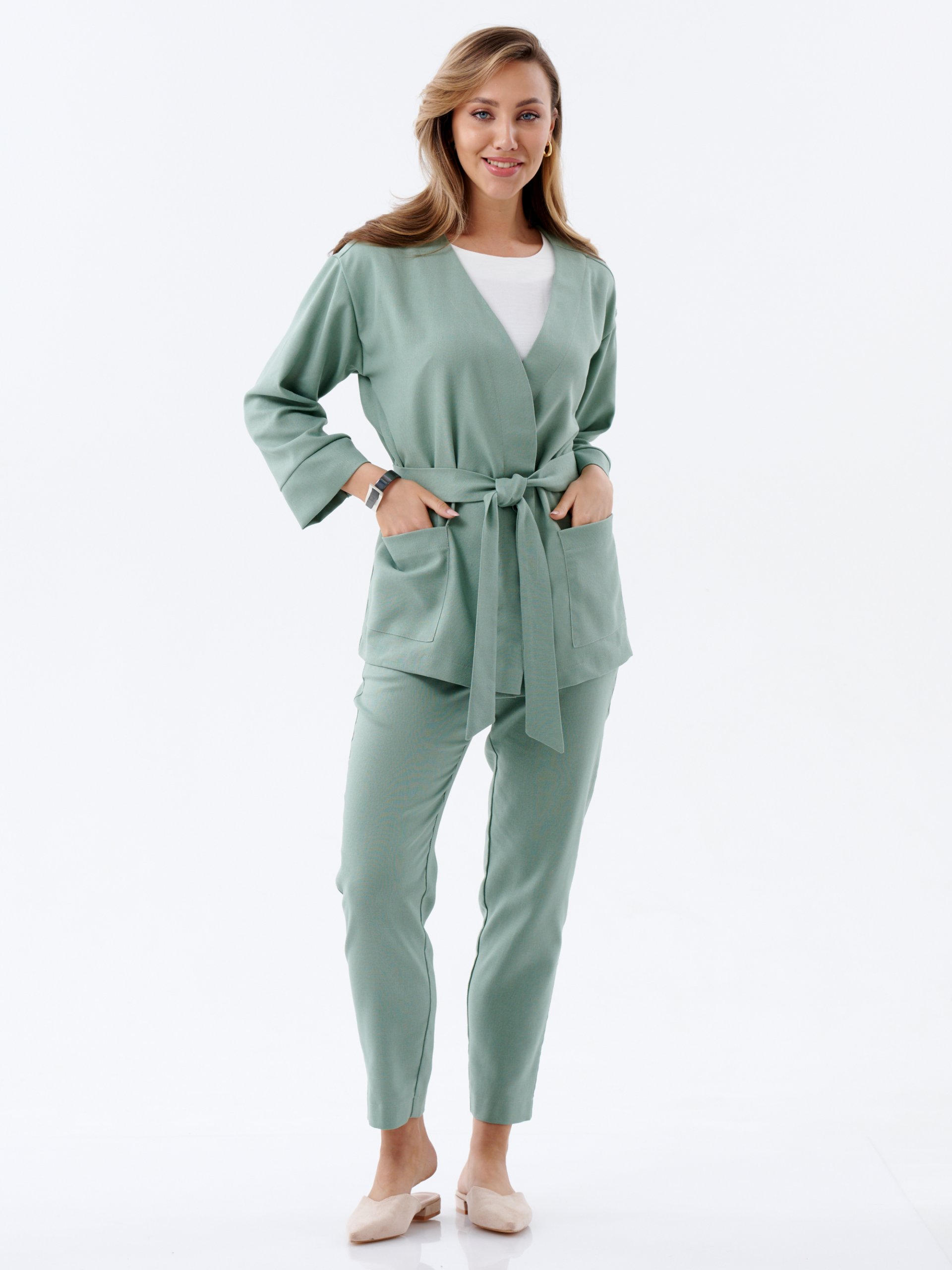  Жакет с поясом оливковый